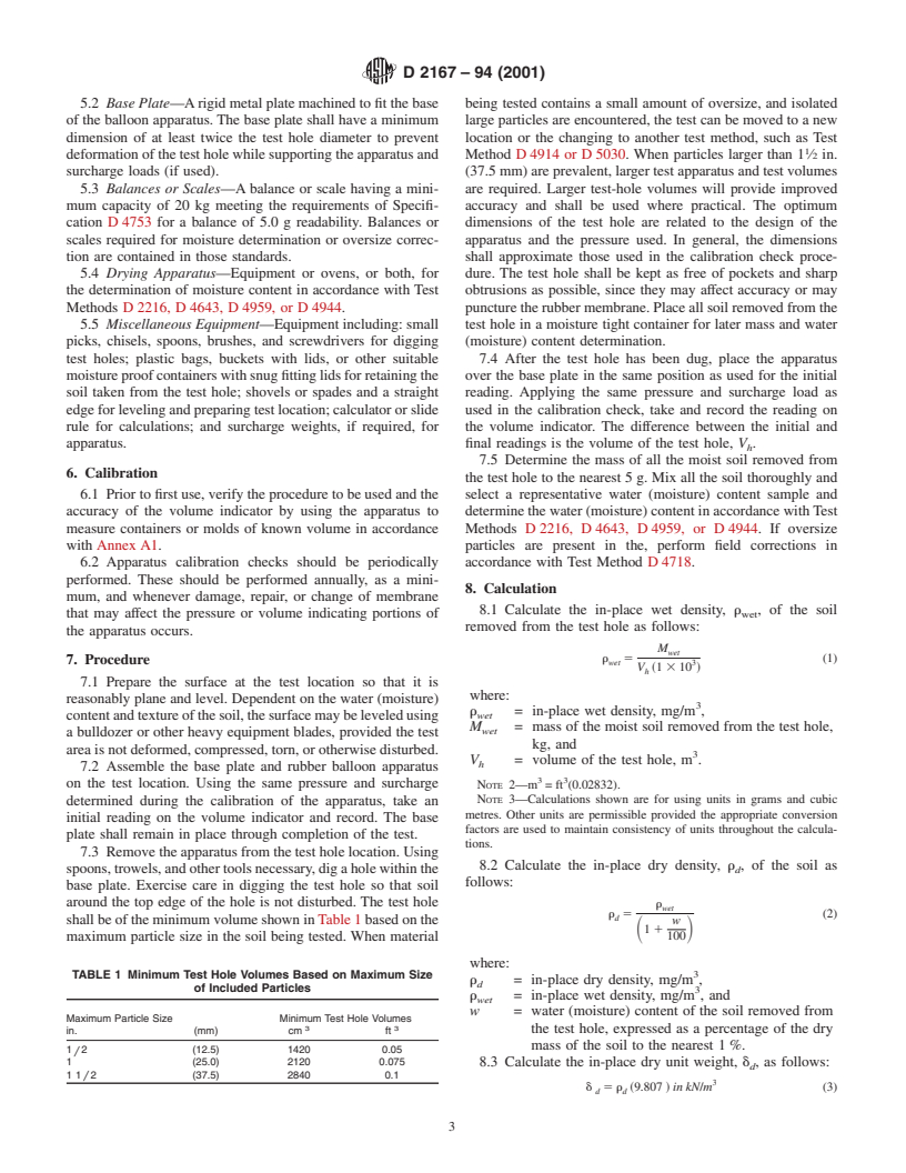 ASTM D2167-94(2001) - Standard Test Method for Density and Unit Weight of Soil in Place by the Rubber Balloon Method