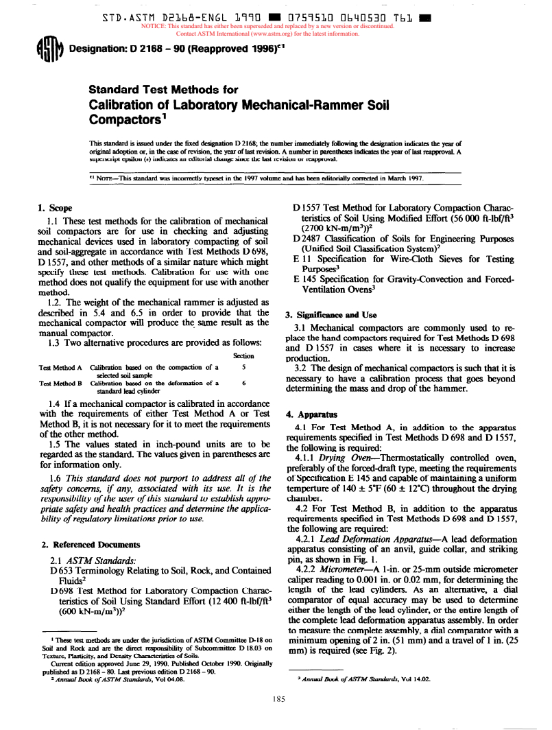 ASTM D2168-90(1996)e1 - Standard Test Methods for Calibration of Laboratory Mechanical-Rammer Soil Compactors