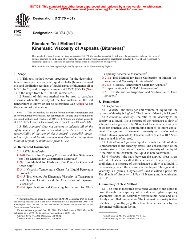 ASTM D2170-01a - Standard Test Method for Kinematic Viscosity of Asphalts (Bitumens)