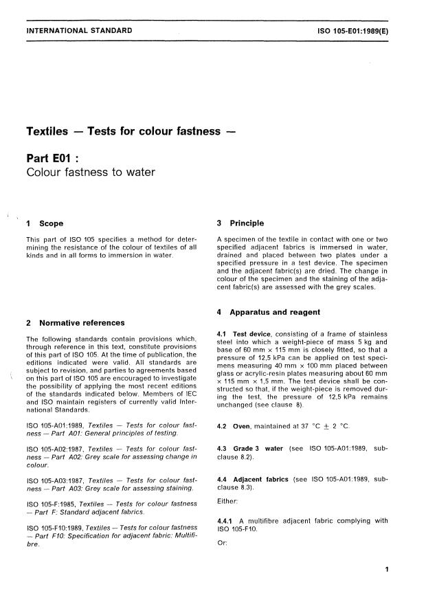 ISO 105-E01:1989 - Textiles -- Tests for colour fastness