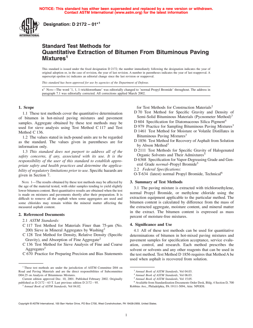 ASTM D2172-01e1 - Standard Test Methods for Quantitative Extraction of Bitumen From Bituminous Paving Mixtures