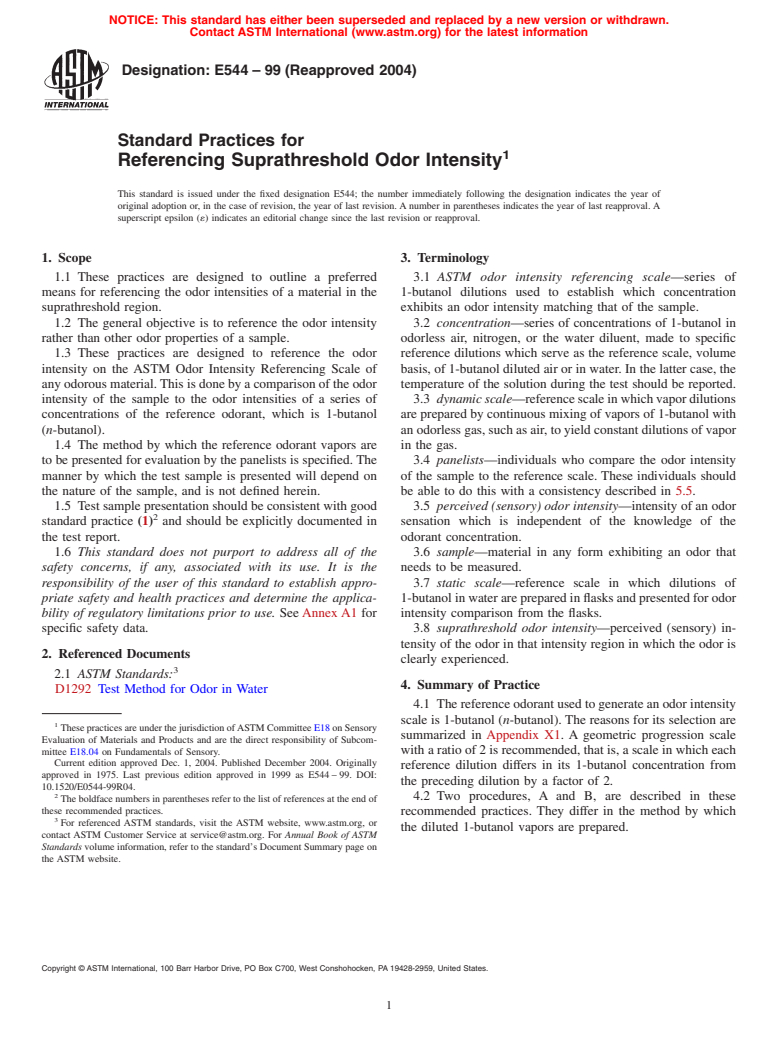 ASTM E544-99(2004) - Standard Practices for Referencing Suprathreshold Odor Intensity