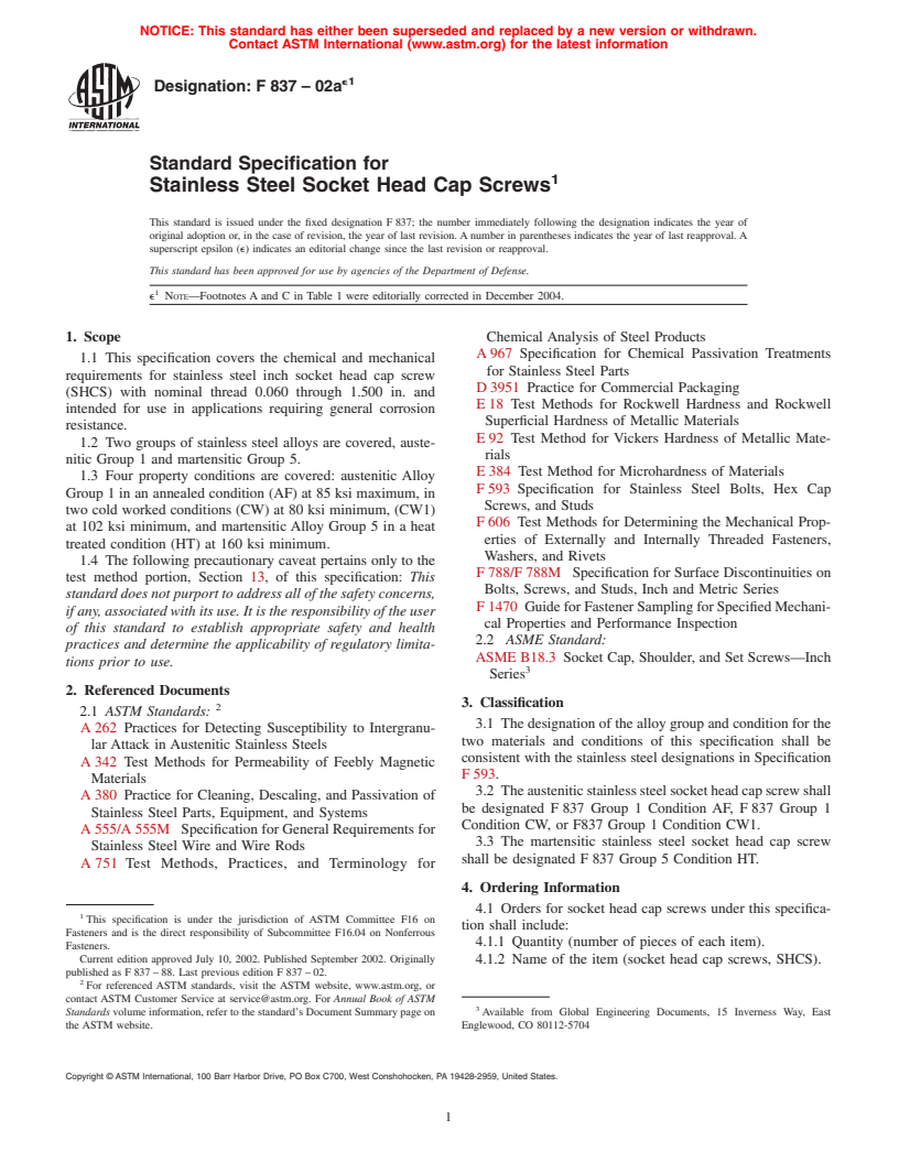 ASTM F837-02ae1 - Standard Specification for Stainless Steel Socket Head Cap Screws