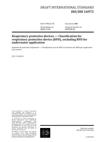 ISO/TS 16973:2016 - Respiratory protective devices -- Classification for respiratory protective device (RPD), excluding RPD for underwater application