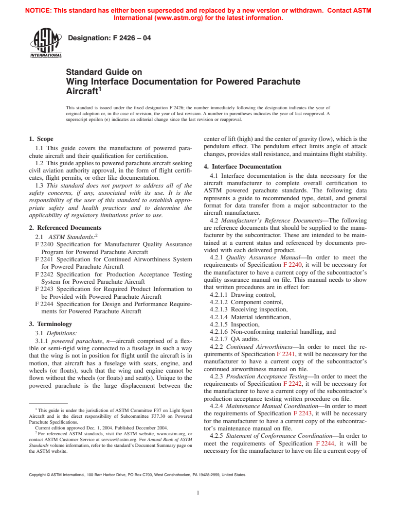 ASTM F2426-04 - Standard Guide on Wing Interface Documentation for Powered Parachute Aircraft