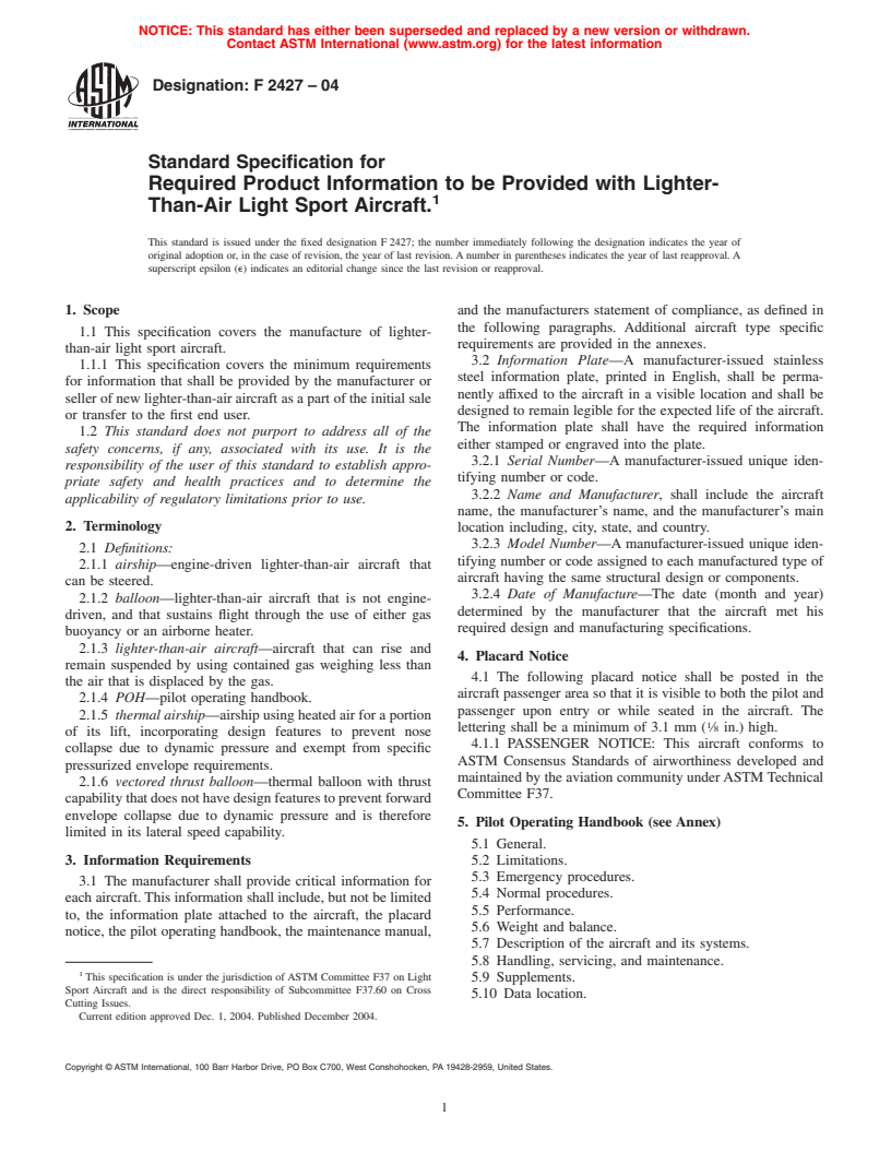 ASTM F2427-04 - Standard Specification for Required Product Information to be Provided with Lighter-Than-Air Light Sport Aircraft