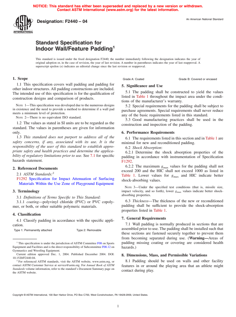 ASTM F2440-04 - Standard Specification for Indoor Wall/Feature Padding