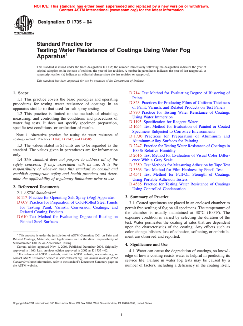 ASTM D1735-04 - Standard Practice for Testing Water Resistance of Coatings Using Water Fog Apparatus