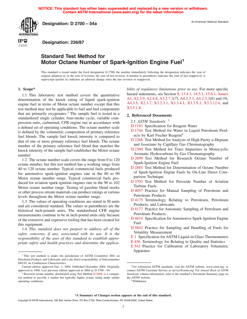 ASTM D2700-04a - Standard Test Method for Motor Octane Number of Spark-Ignition Engine Fuel