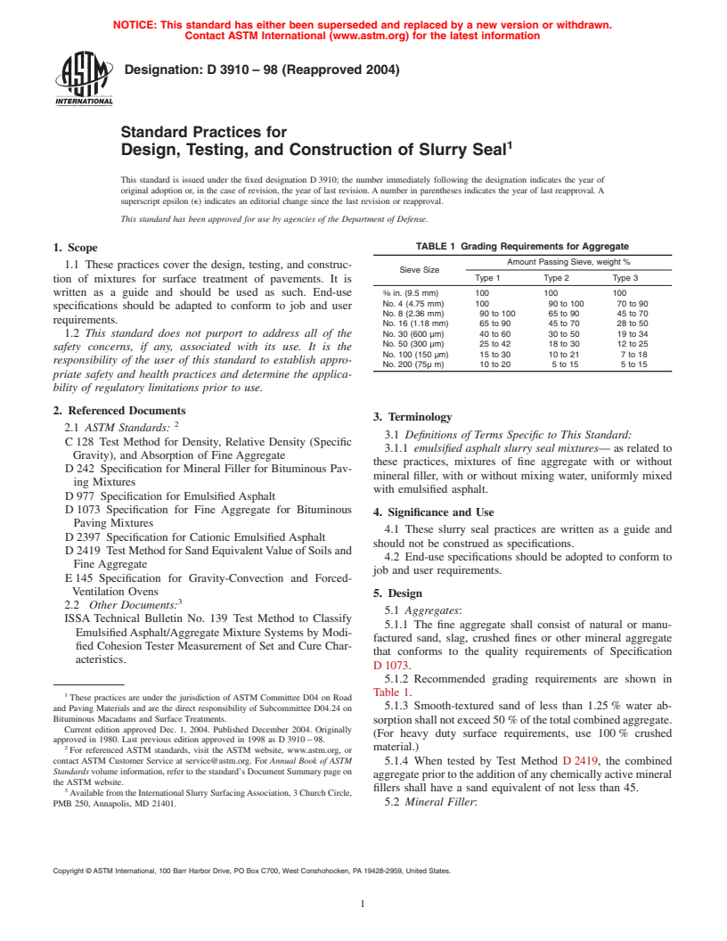 ASTM D3910-98(2004) - Standard Practices for Design, Testing, and Construction of Slurry Seal