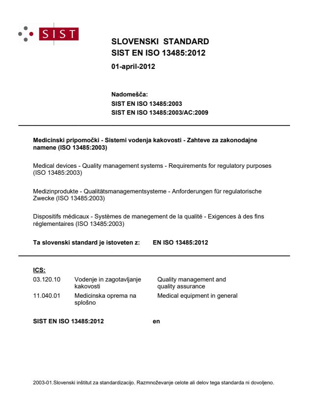 EN ISO 13485:2012 - Standard je bil natisnjen za čitalnico.
