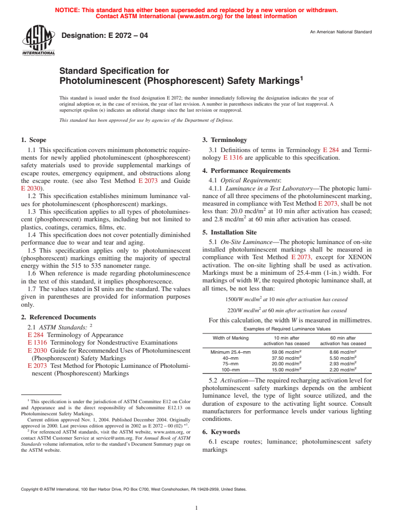 ASTM E2072-04 - Standard Specification for Photoluminescent (Phosphorescent) Safety Markings