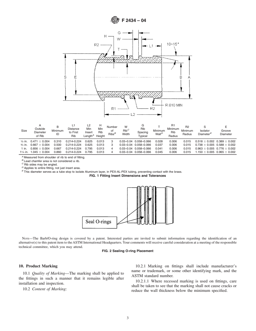 ASTM F2434-04 - Standard Specification for Metal Insert Fittings Utilizing a Copper Crimp Ring for SDR9 Cross-linked Polyethylene (PEX) Tubing and SDR9 Cross-linked Polyethylene/Aluminum/Cross-linked Polyethylene (PEX-AL-PEX) Tubing