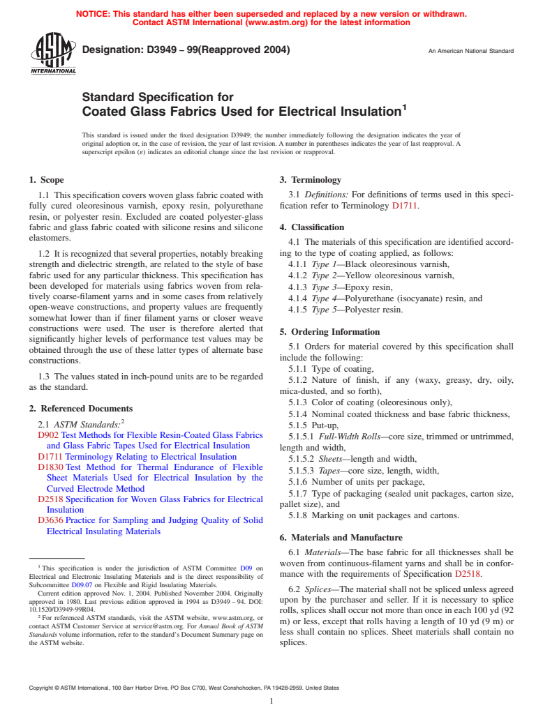ASTM D3949-99(2004) - Standard Specification for Coated Glass Fabrics Used for Electrical Insulation (Withdrawn 2013)