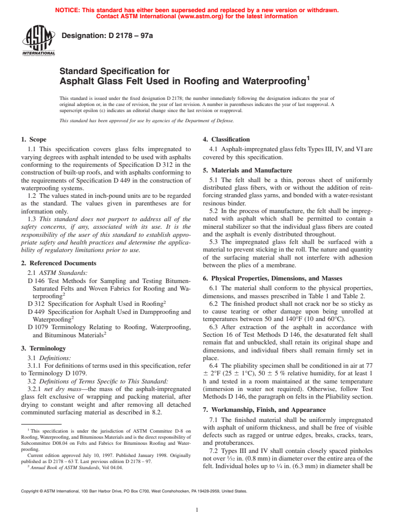 ASTM D2178-97a - Standard Specification for Asphalt Glass Felt Used in Roofing and Waterproofing