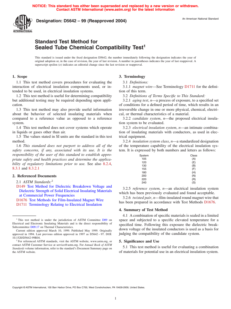 ASTM D5642-99(2004) - Standard Test Method for Sealed Tube Chemical Compatibility Test