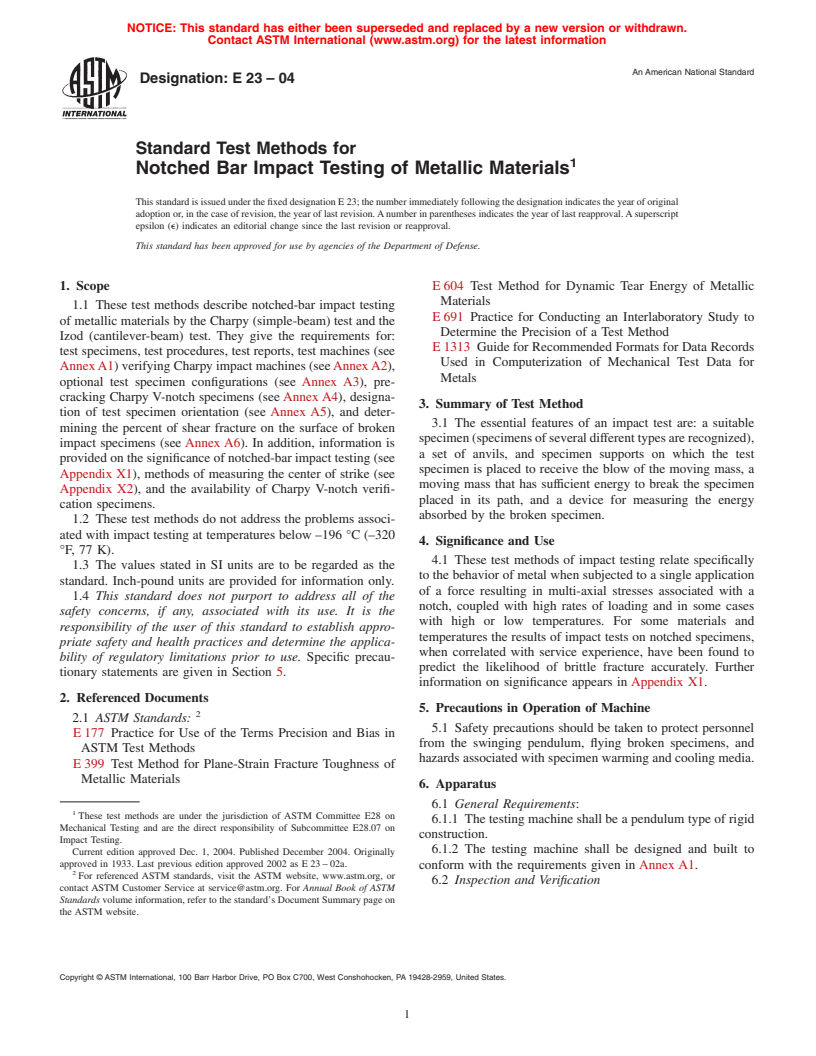 ASTM E23-04 - Standard Test Methods for Notched Bar Impact Testing of Metallic Materials