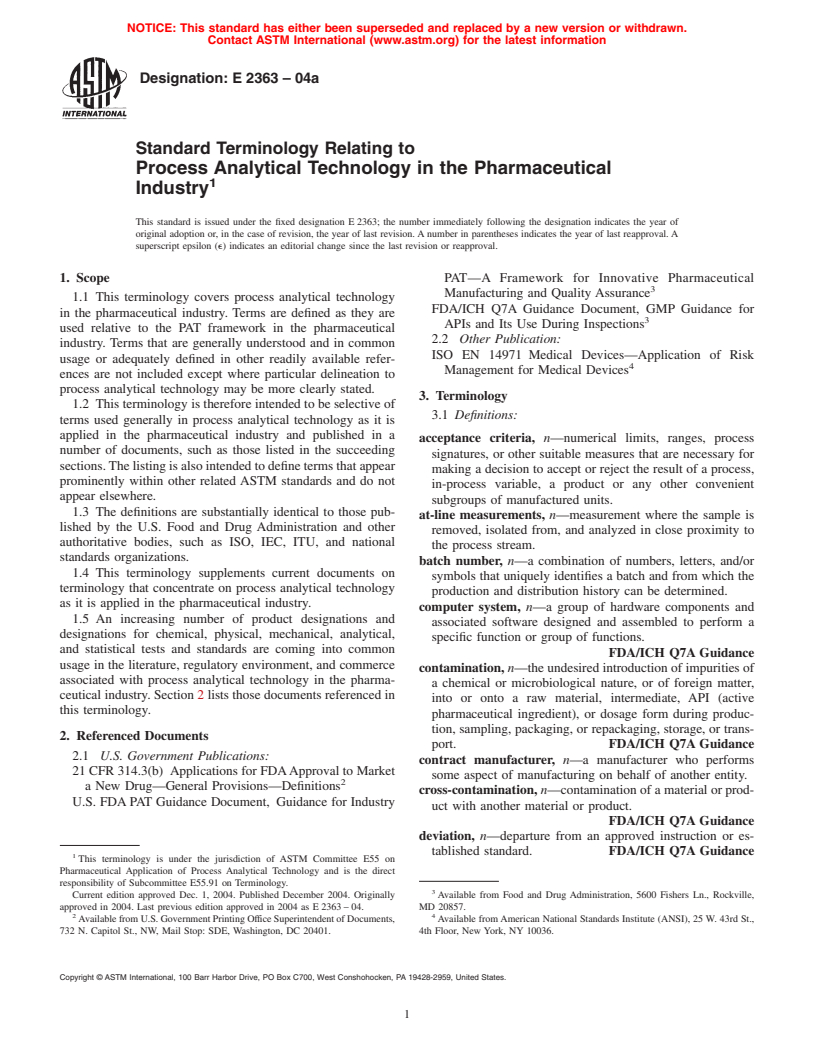 ASTM E2363-04a - Standard Terminology Relating to Process Analytical Technology in the Pharmaceutical Industry