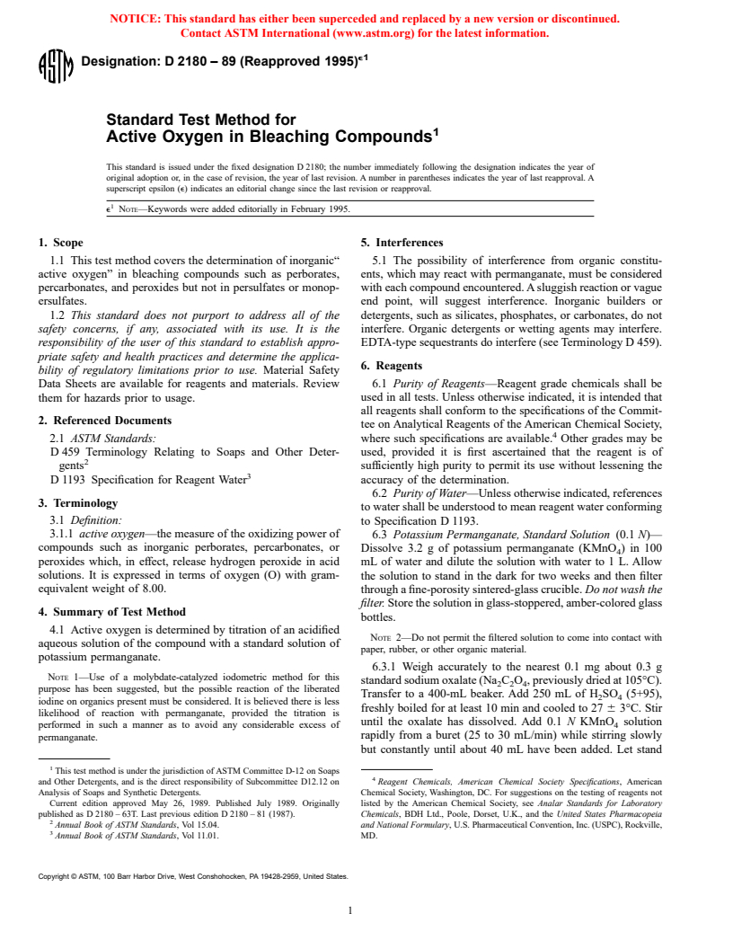 ASTM D2180-89(1995)e1 - Standard Test Method for Active Oxygen in Bleaching Compounds