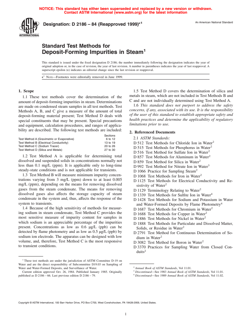 ASTM D2186-84(1999)e1 - Standard Test Methods for Deposit-Forming Impurities in Steam