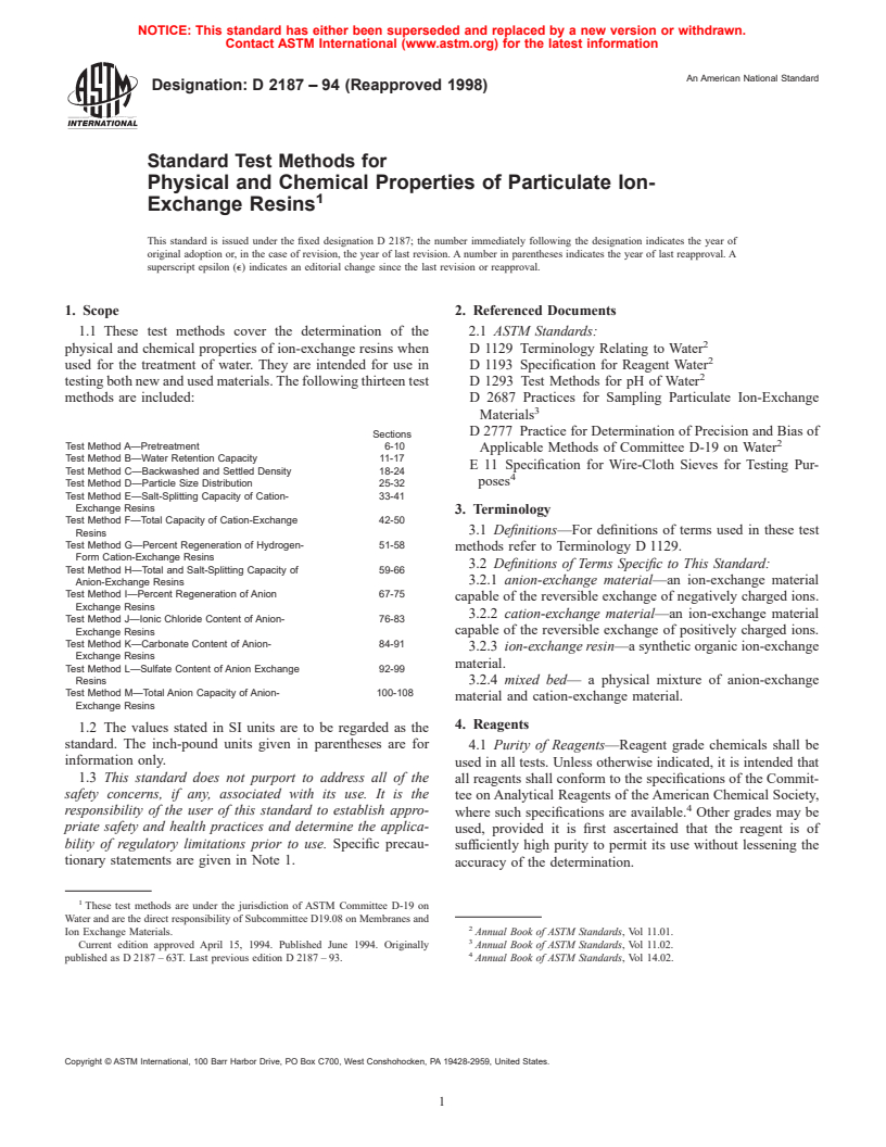 ASTM D2187-94(1998) - Standard Test Methods for Physical and Chemical Properties of Particulate Ion-Exchange Resins