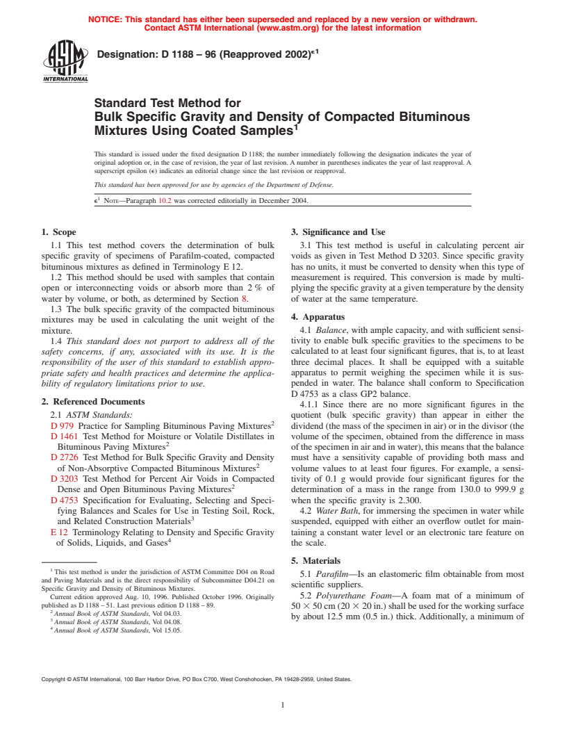 ASTM D1188-96(2002)e1 - Standard Test Method for Bulk Specific Gravity and Density of Compacted Bituminous Mixtures Using Paraffin-Coated Specimens