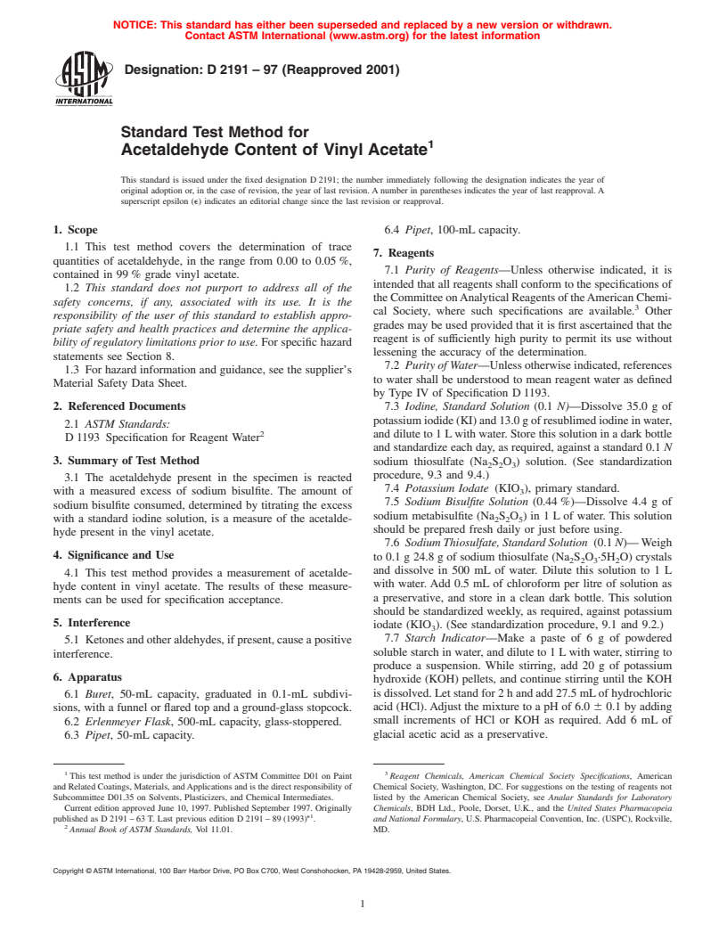 ASTM D2191-97(2001) - Standard Test Method for Acetaldehyde Content of Vinyl Acetate