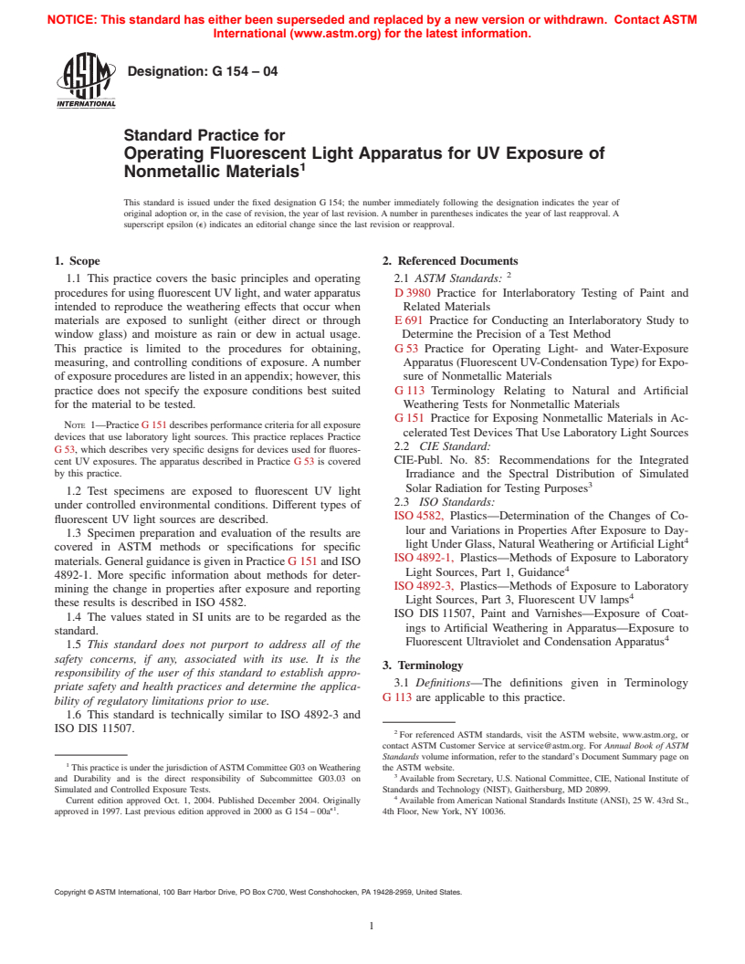 ASTM G154-04 - Standard Practice for Operating Fluorescent Light Apparatus for UV Exposure of Nonmetallic Materials