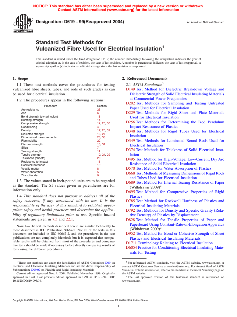 ASTM D619-99(2004) - Standard Test Methods for Vulcanized Fibre Used for Electrical Insulation (Withdrawn 2013)