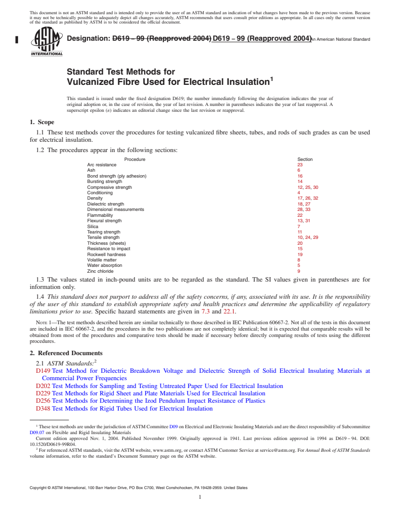 REDLINE ASTM D619-99(2004) - Standard Test Methods for Vulcanized Fibre Used for Electrical Insulation (Withdrawn 2013)