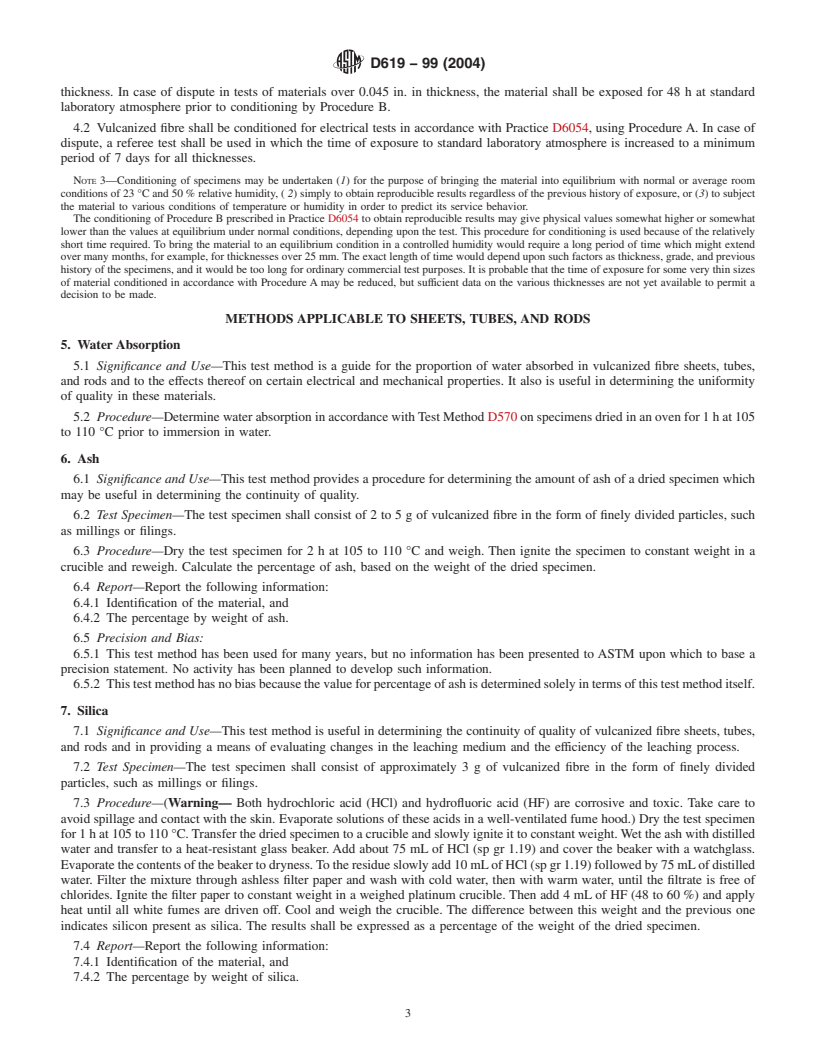 REDLINE ASTM D619-99(2004) - Standard Test Methods for Vulcanized Fibre Used for Electrical Insulation (Withdrawn 2013)