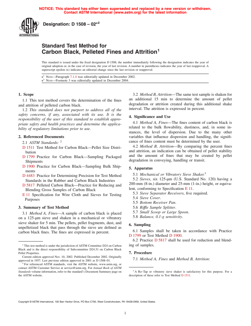 ASTM D1508-02e2 - Standard Test Method for Carbon Black, Pelleted Fines and Attrition