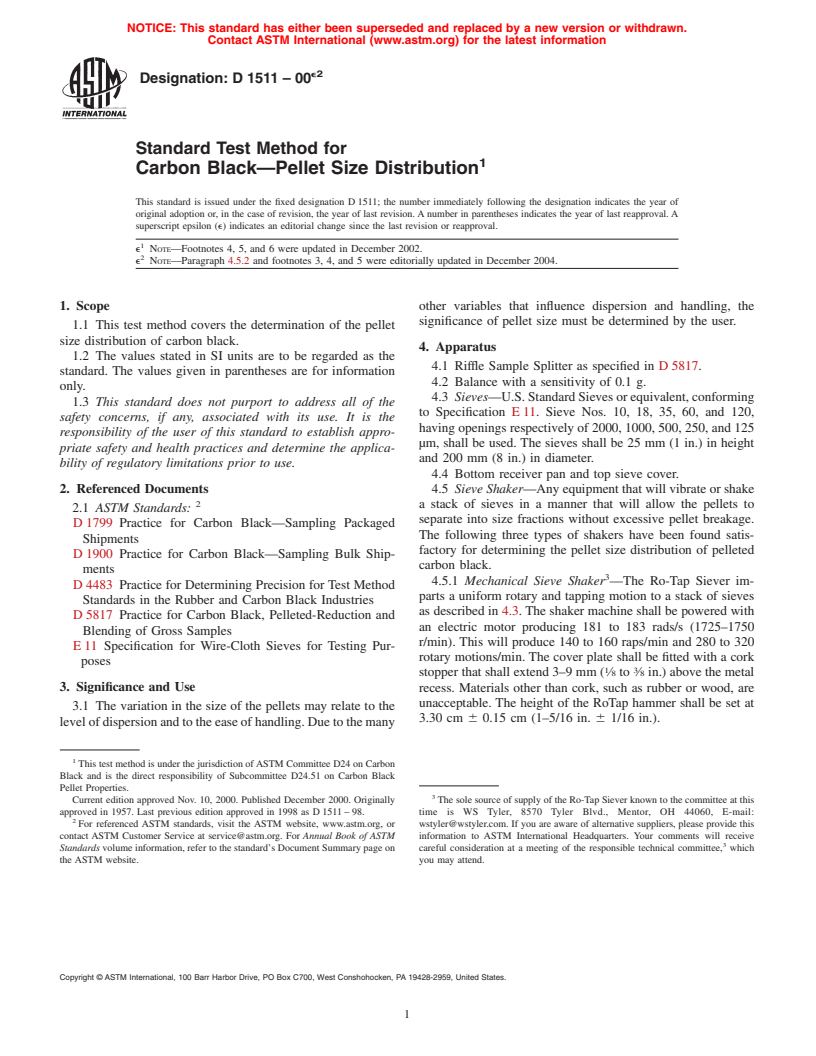 ASTM D1511-00e2 - Standard Test Method for Carbon Black-Pellet Size Distribution