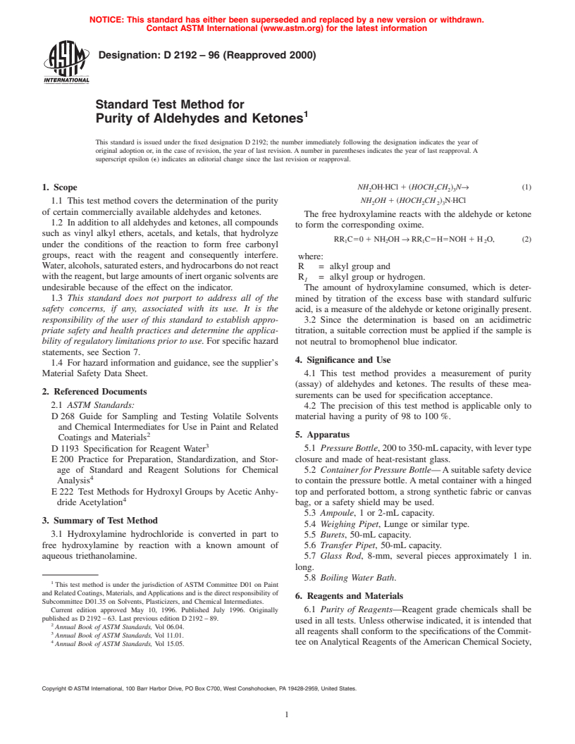 ASTM D2192-96(2000) - Standard Test Method for Purity of Aldehydes and Ketones