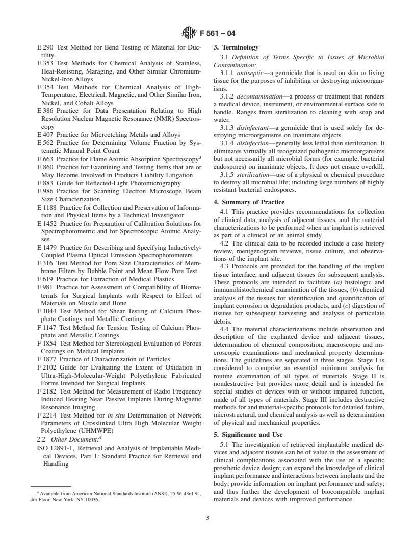 ASTM F561-04 - Practice for Retrieval and Analysis of Implanted Medical Devices, and Associated Tissues