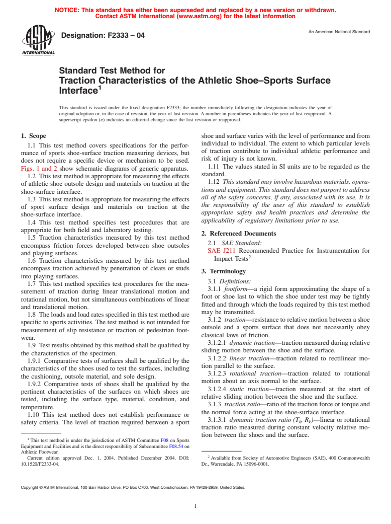 ASTM F2333-04 - Standard Test Method for Traction Characteristics of the Athletic Shoe-Sports Surface Interface