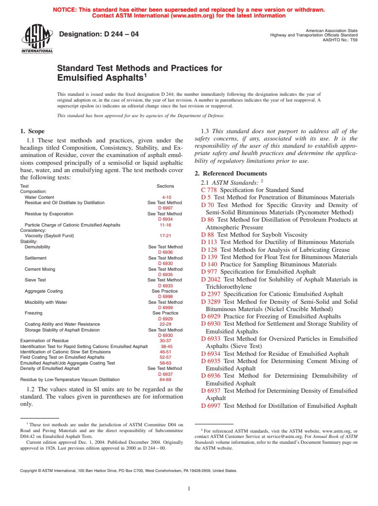 ASTM D244-04 - Standard Test Methods and Practices for Emulsified Asphalts
