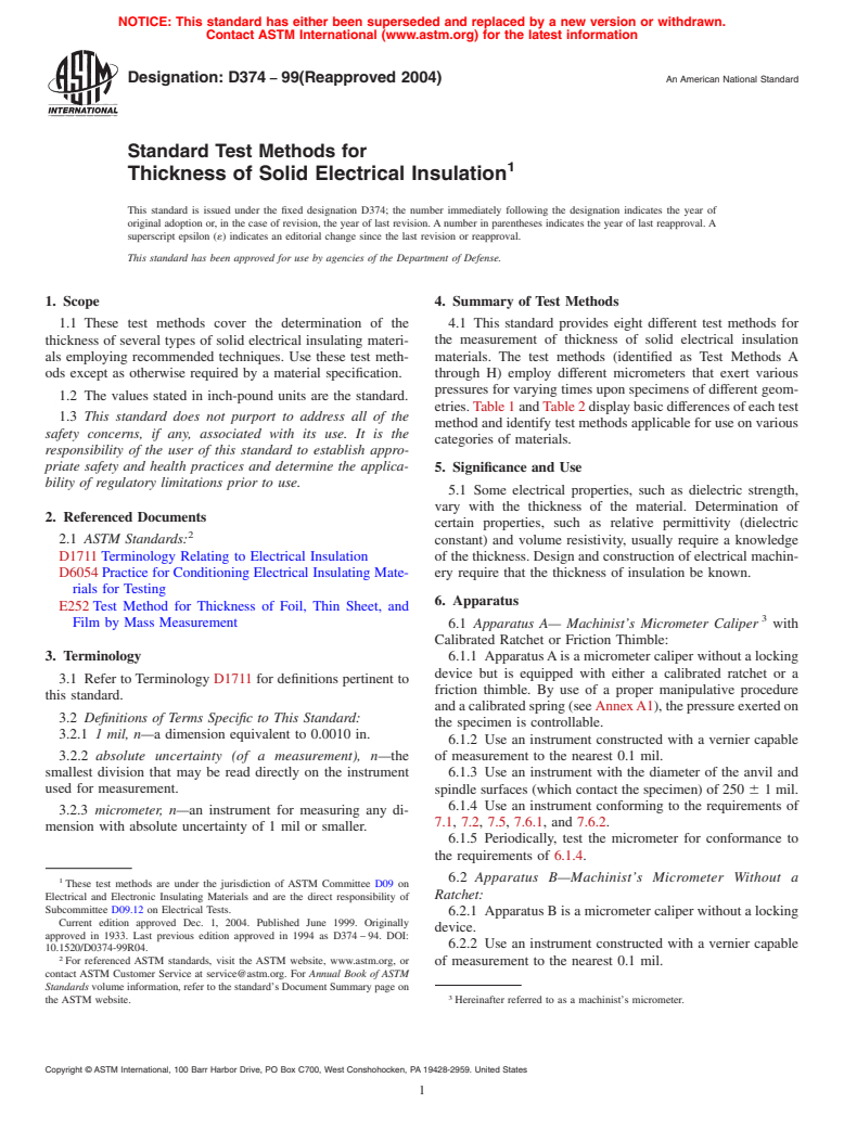 ASTM D374-99(2004) - Standard Test Methods for Thickness of Solid Electrical Insulation (Withdrawn 2013)