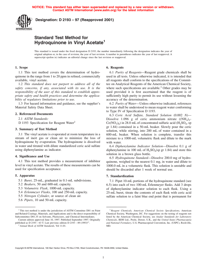 ASTM D2193-97(2001) - Standard Test Method for Hydroquinone in Vinyl Acetate