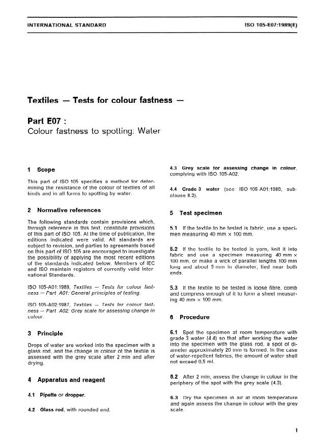 ISO 105-E07:1989 - Textiles -- Tests for colour fastness