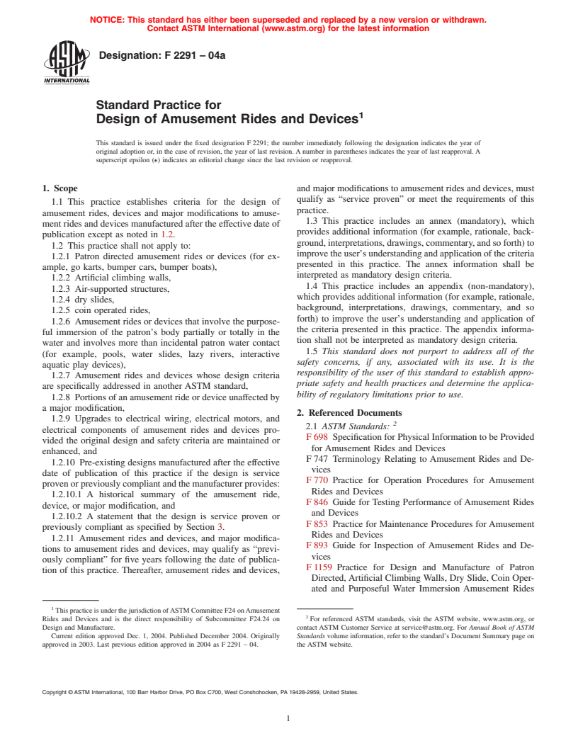 ASTM F2291-04a - Standard Practice for Design of Amusement Rides and Devices