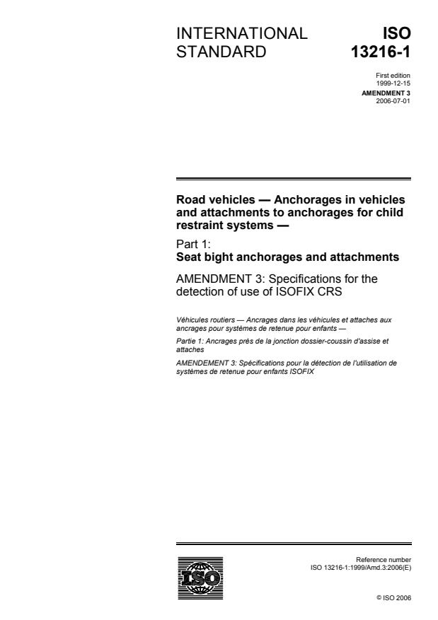 ISO 13216-1:1999/Amd 3:2006 - Specifications for the detection of use of ISOFIX CRS