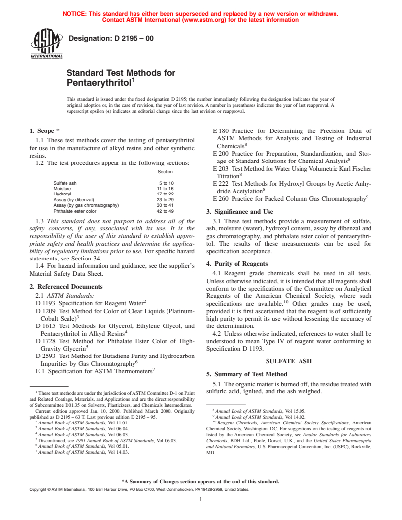 ASTM D2195-00 - Standard Test Methods for Pentaerythritol