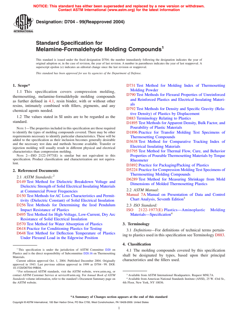 ASTM D704-99(2004) - Standard Specification for Melamine-Formaldehyde Molding Compounds