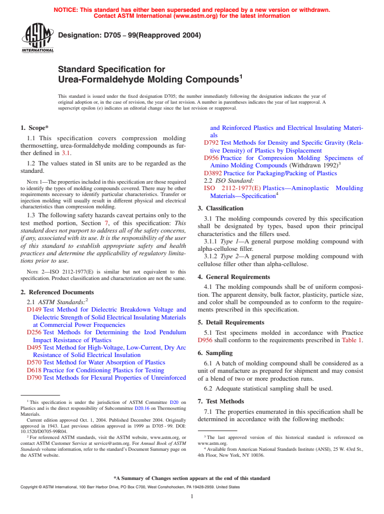 ASTM D705-99(2004) - Standard Specification for Urea-Formaldehyde Molding Compounds