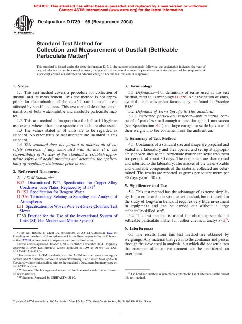 ASTM D1739-98(2004) - Standard Test Method for Collection and Measurement of Dustfall (Settleable Particulate Matter)