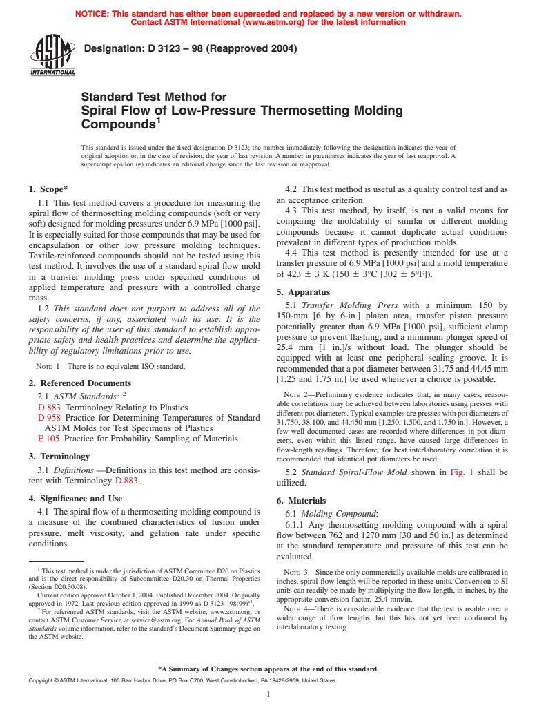 ASTM D3123-98(2004) - Standard Test Method for Spiral Flow of Low-Pressure Thermosetting Molding Compounds