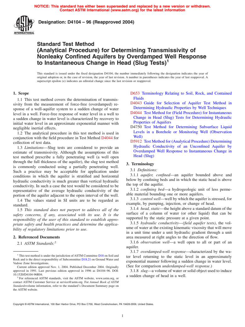 ASTM D4104-96(2004) - Standard Test Method (Analytical Procedure) for Determining Transmissivity of Nonleaky Confined Aquifers by Overdamped Well Response to Instantaneous Change in Head (Slug Tests)