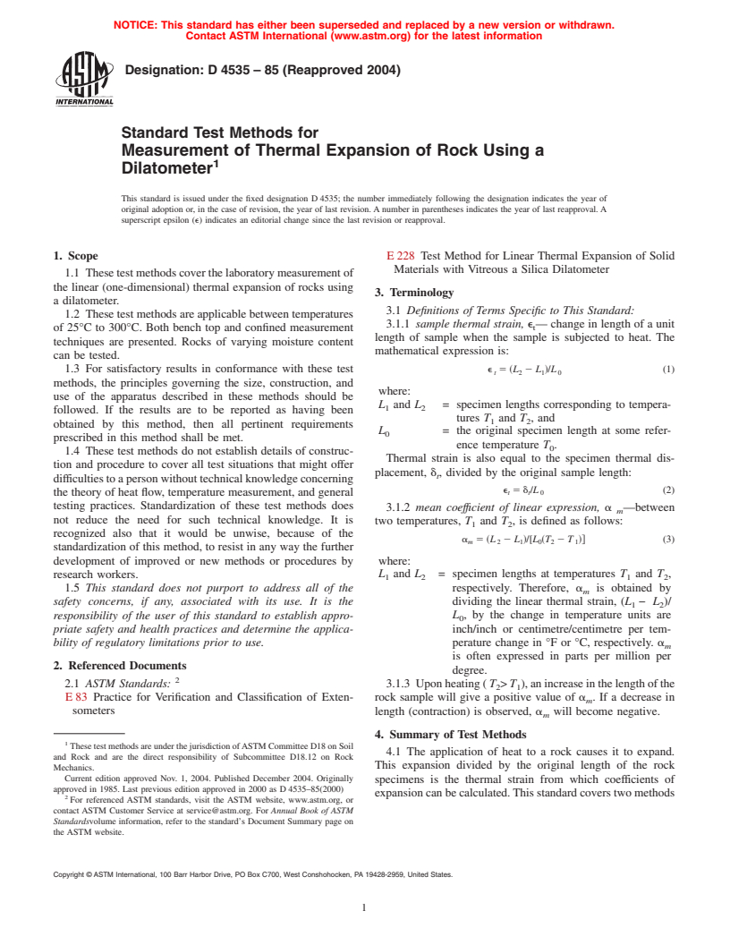 ASTM D4535-85(2004) - Standard Test Methods for Measurement of Thermal Expansion of Rock Using a Dilatometer