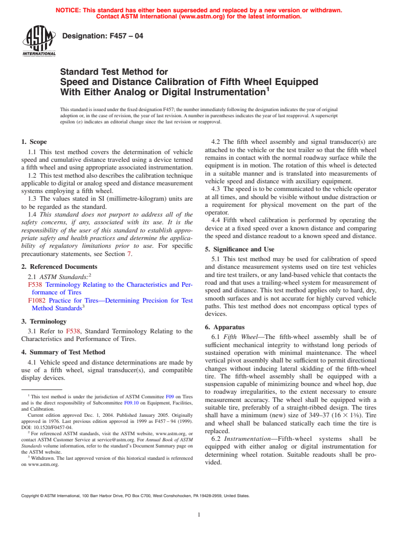 ASTM F457-04 - Standard Test Method for Speed and Distance Calibration of Fifth Wheel Equipped With Either Analog or Digital Instrumentation